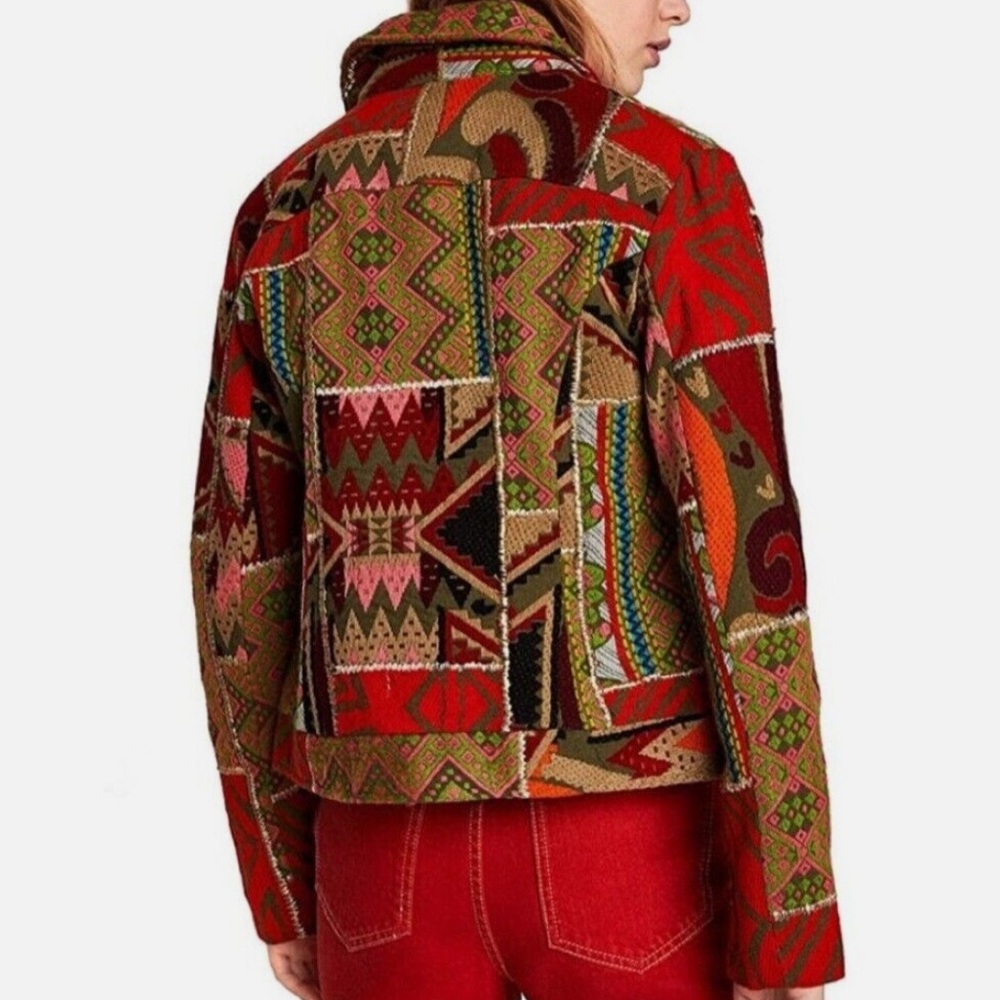Zara Tapestry Patchwork Moto Jacket Multicolor Zi… - image 2